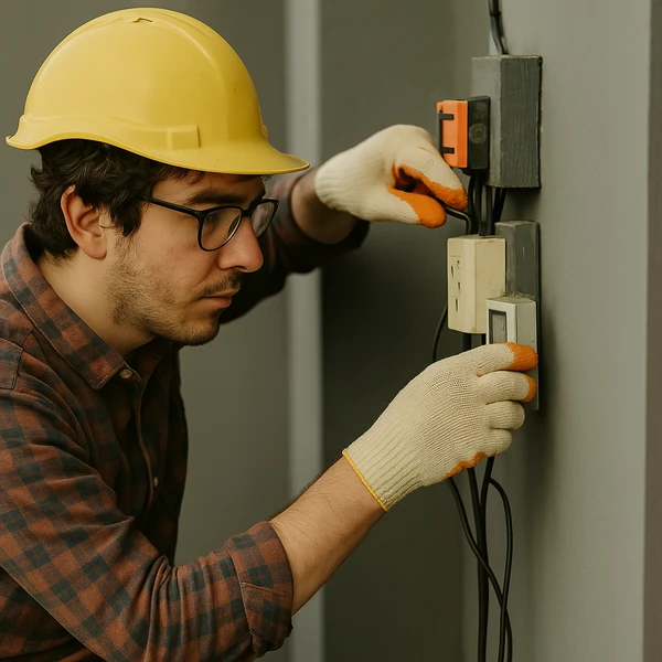 Electricista profesional trabajando en un tablero eléctrico